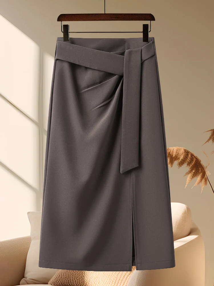 Gray Asymmetrical High Waist Business Style Women's Skirt Spring Summer Autumn Seasonal A-Line Silhouette Zipper Closure