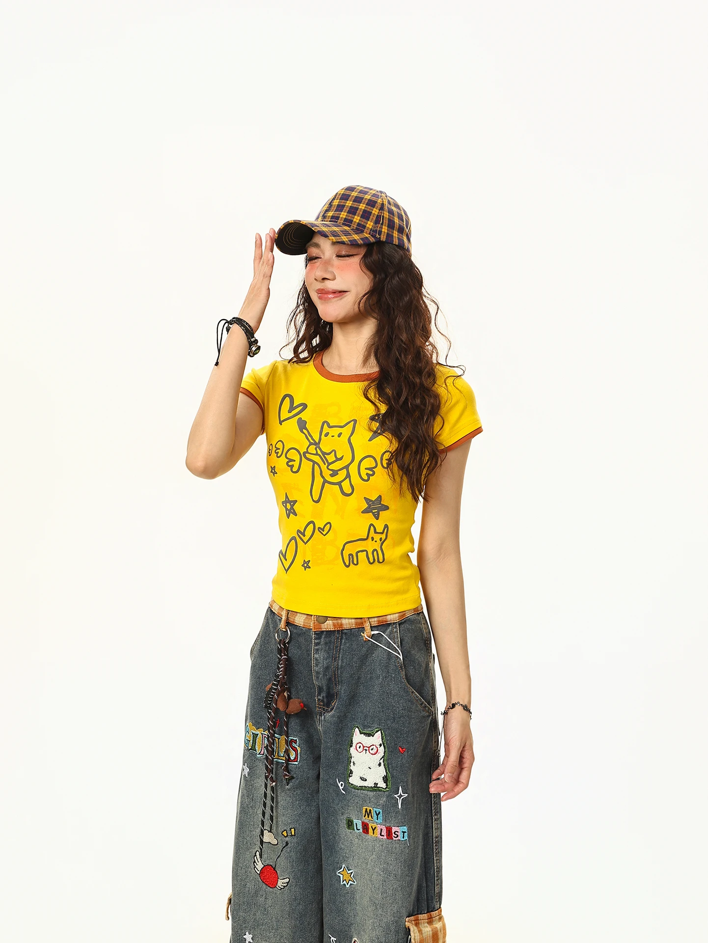 

Женская футболка Boeax с коротким рукавом и американским ретро-принтом в мультяшном стиле, летняя, приталенная, укороченная, повседневный стиль, универсальная