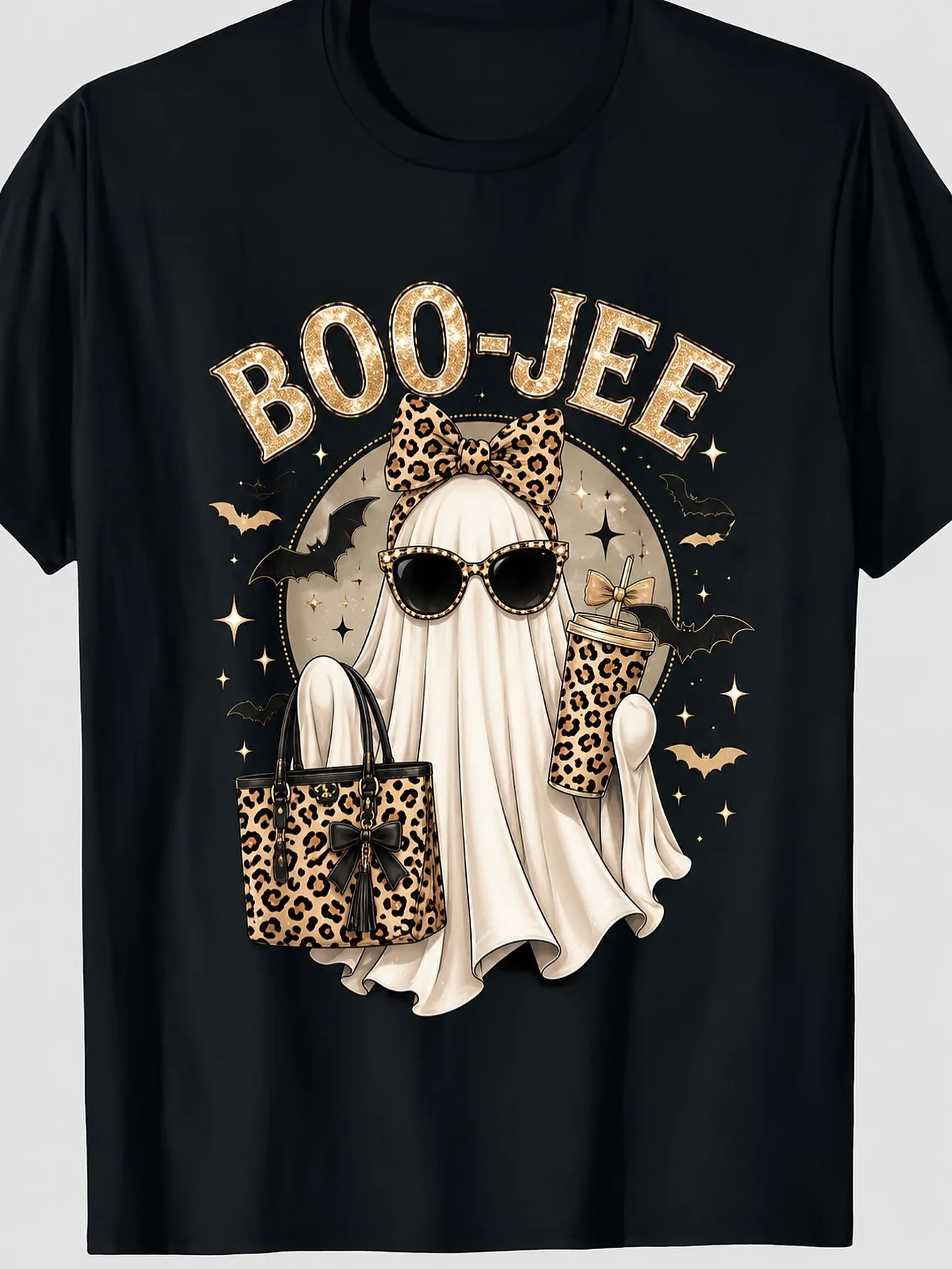 Man Womens TShirt Charm Leopard Ghost Coffee Boo JEE Halloween Boujee Ghost T-Shirt