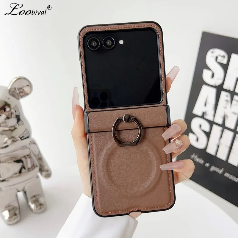 Luxuriöse Ringhalter-Lederhülle für Samsung Galaxy Z Flip 7 6 5 ZFlip 3 4 mit Magnetischer Halterung und Mattschutz