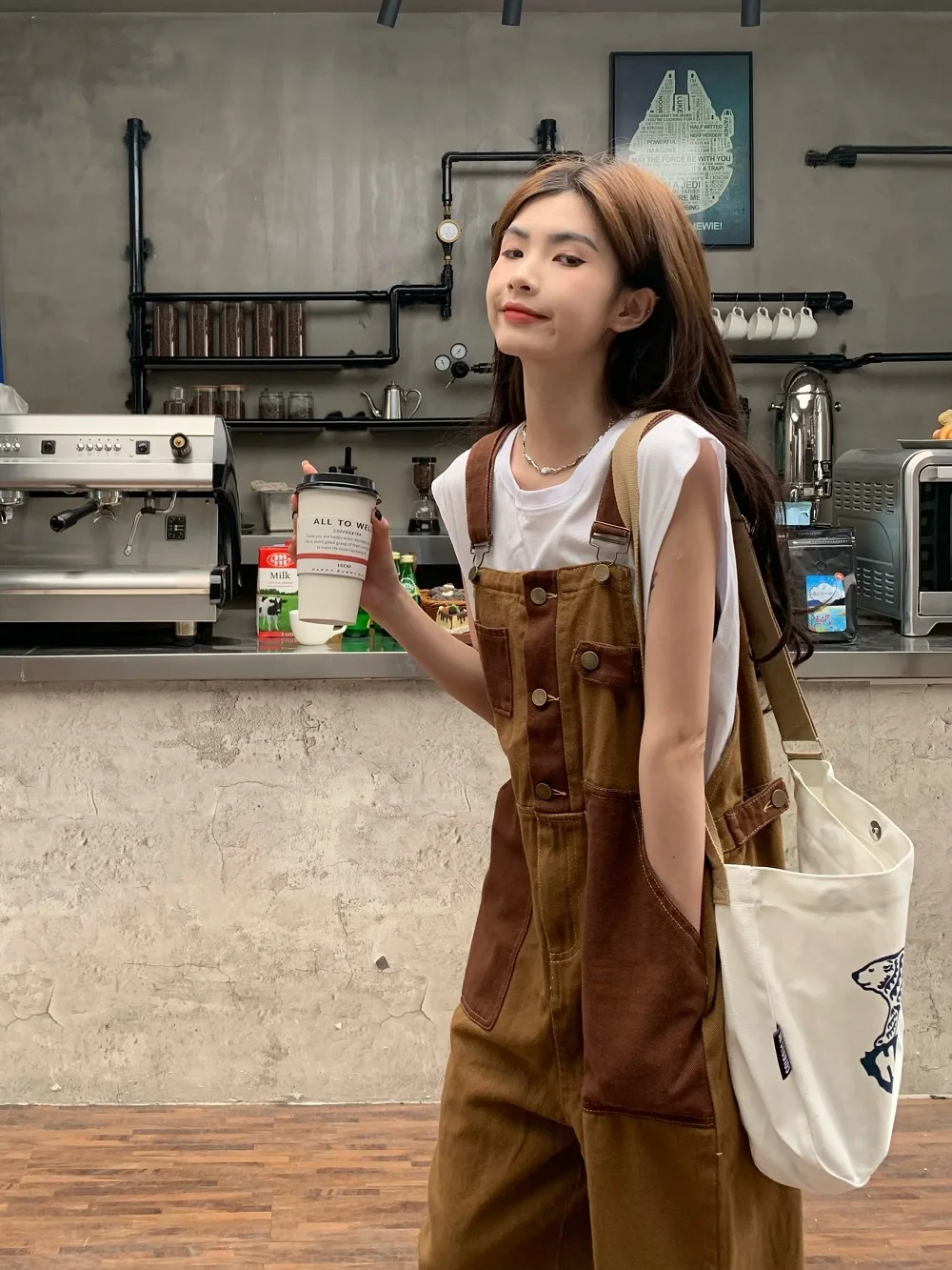 

Retro American Brown Denim Overalls Women's Summer ature Japanese Sle Sweet And Sal Color Blo-Piece Pants