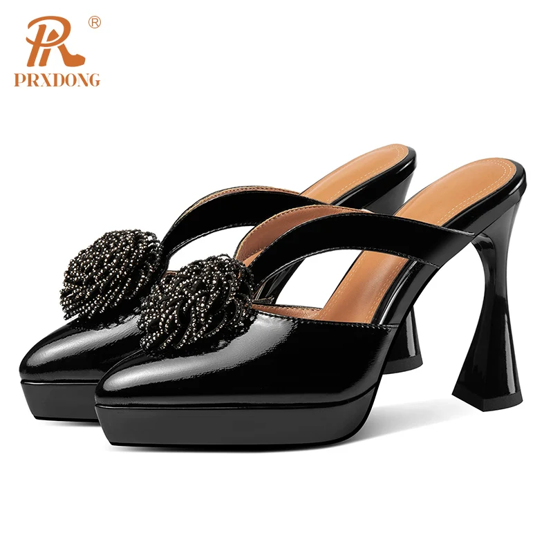 PRXDONG New Summer Genuine Leather Sexy High Heels Open Toe Black WHite Flower Dress Party Female Slippers Sandals Size 34-40