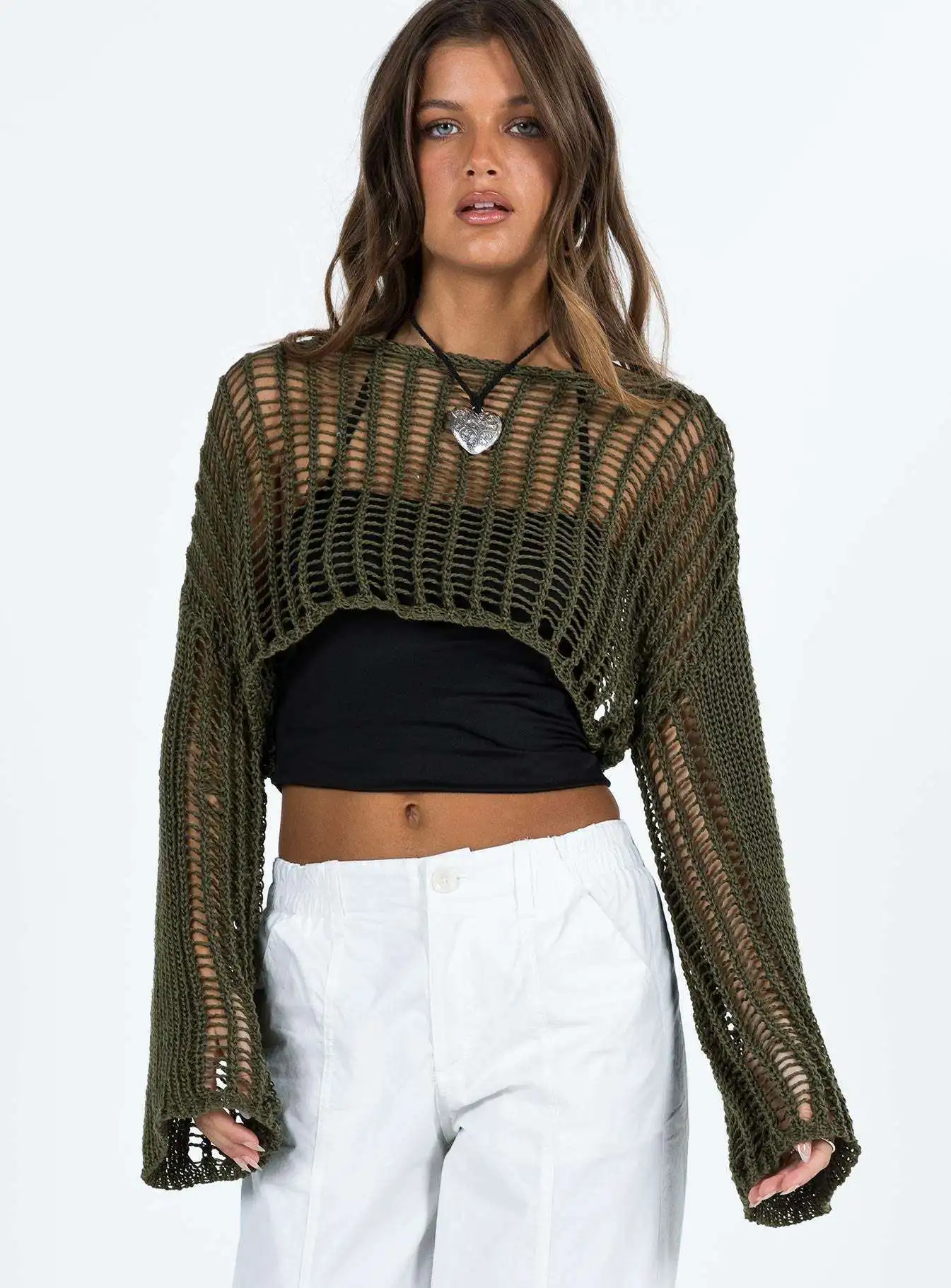 

Summer Sexy ort Knitted Crop Top Women's Long Sve round Ne Hollow out Sunade Cover up n Sle Breathable