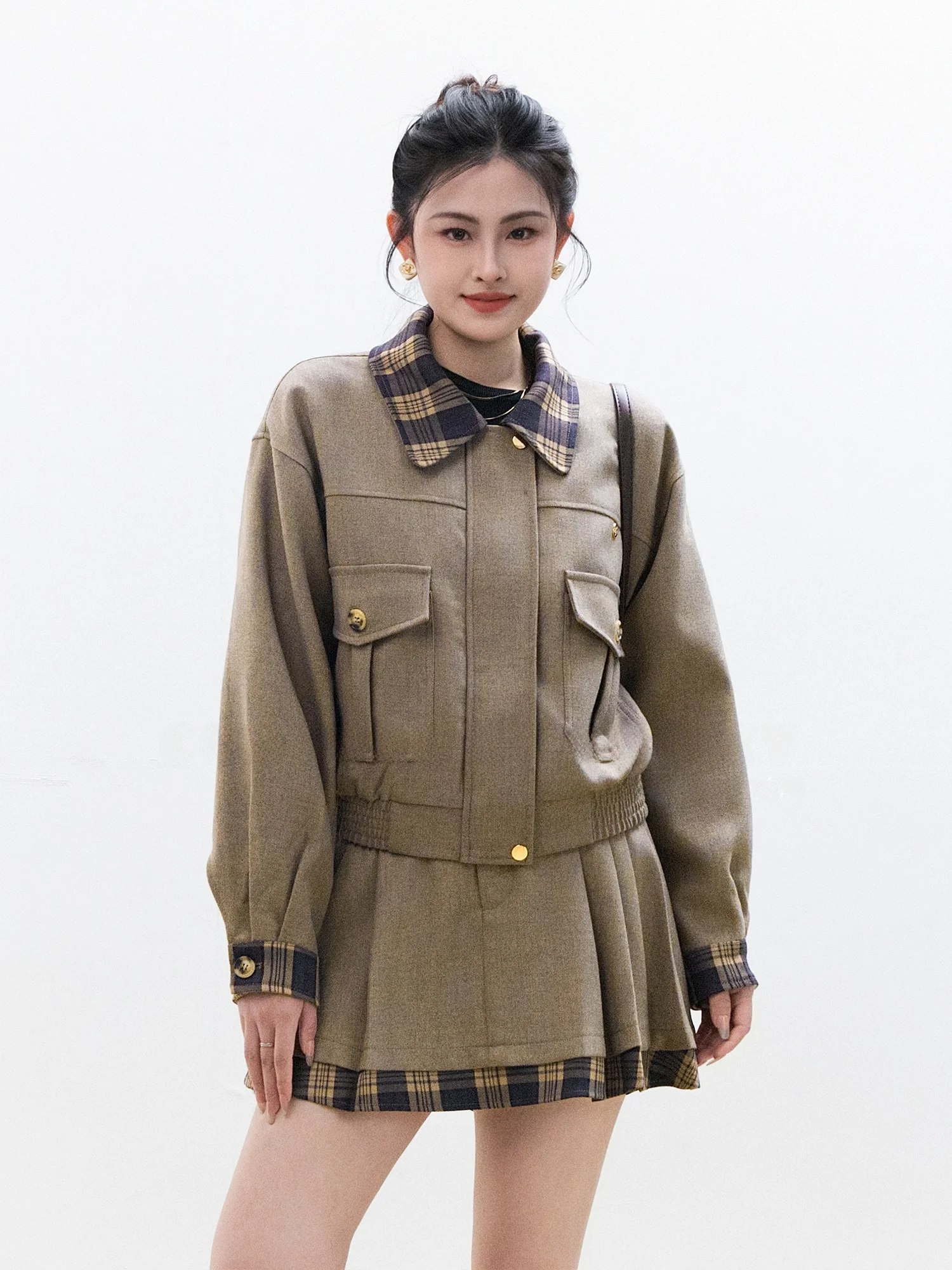 

Chelzy College Style Plaid Jacket And Pleated Skirt Set Women's Spring Autumn Slimming Young-looking Two-piece Ensemble