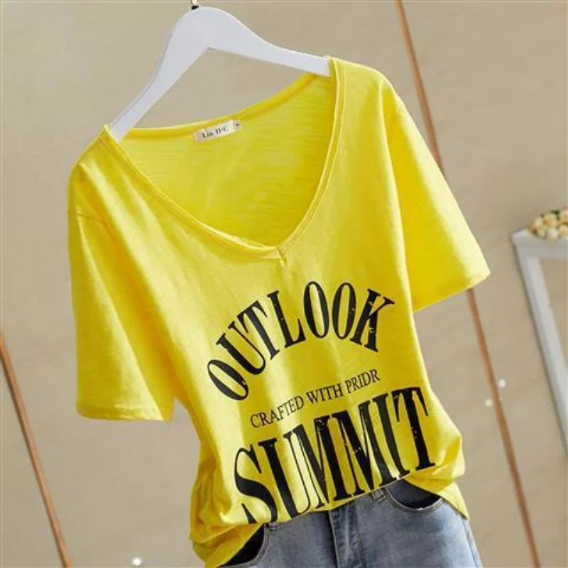 Casual V Neck Printing Letter T Shirts Summer New Short Sleeve Solid Loose Plus Size Vintage Tops Fashion Trend Women Clothing