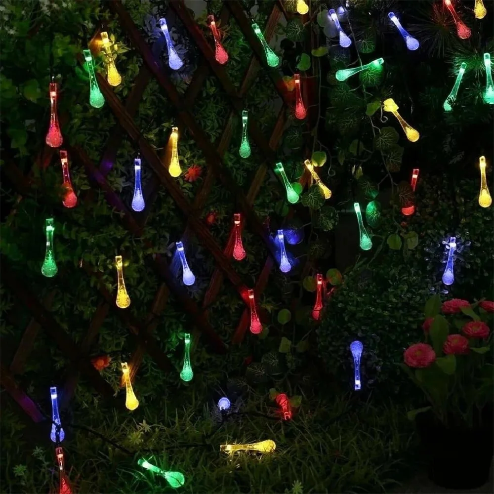 Solar Lights Outdoor Water Drop String Lights Christmas Decor Fairy Lights LED Outdoor Lights Waterproof for Garden Patio Yard