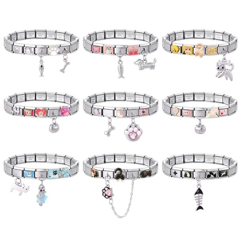 Wholesale Y2K Lovely Cartoon Cat Paw Fish Bone Pendant Italian Charm Links Fit 9mm Elastic Bracelet Jewelry Handmade For Gifts