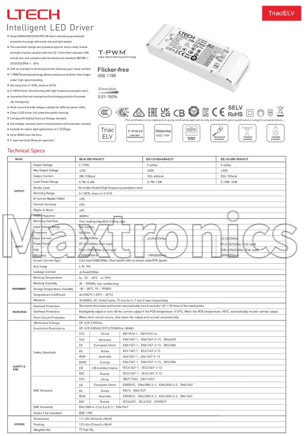 9W/12W/15W CC Constant Current Led Triac Driver 100mA-400mA 350mA-700mA DC2-12/9-42V LTECH 220-240V Dimming Lighting Transformer