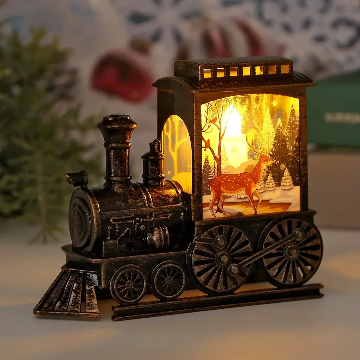 Vintage Train LED Night Lamp Portable Battery Powered Outdoor Hanging Lantern Christmas Festive Home Party Decor