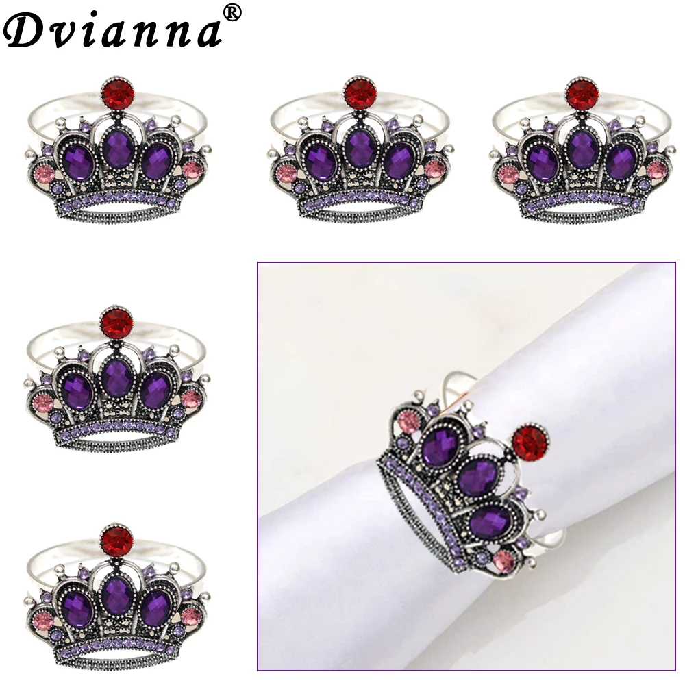

6Pcs Purple Multi-Colored Crystal Royal Crown Napkin Rings Rhinestone Princess Queen Crown Napkin Holders for Birthday Table Dec