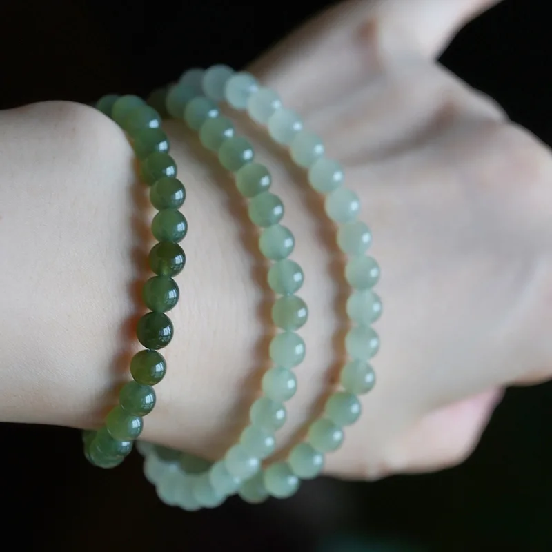 Hetian Multi- , Green And White Jade Gradient Color , Three-Loop Round Bead Bracelet Wo