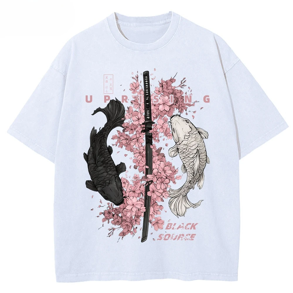 4 Vintage Koi Fish Sakura Katana Graphic T Shirt Cherry Blossom Sword Print Unisex Cotton Crew Neck Short Sleeve Street Tee Top