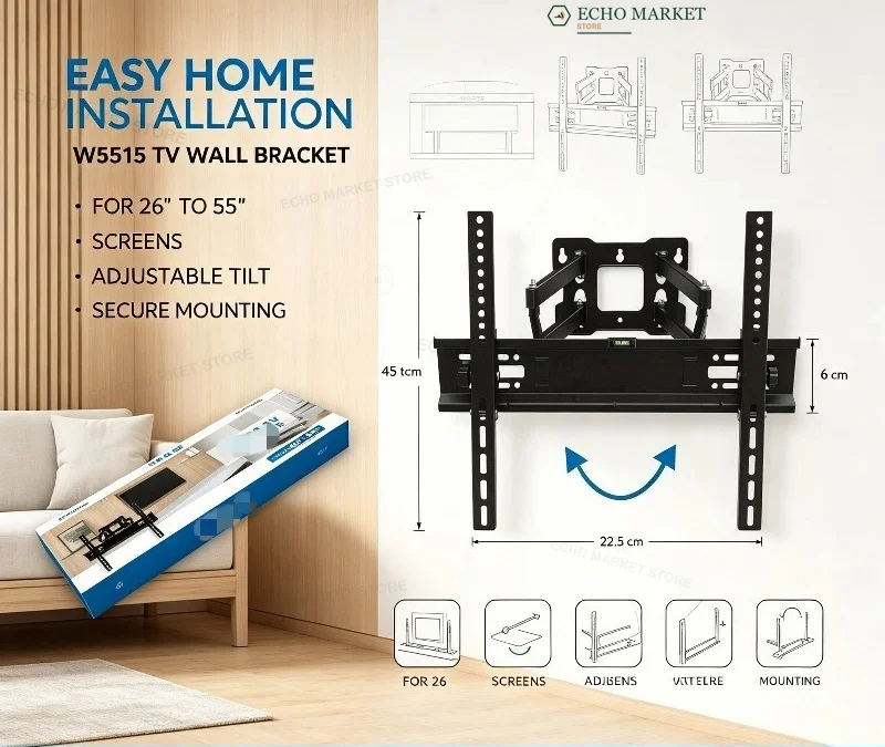 Soporte de pared ajustable de movimiento completo para TV, inclinable y giratorio, para pantallas de televisión de 26 a 55 pulgadas.