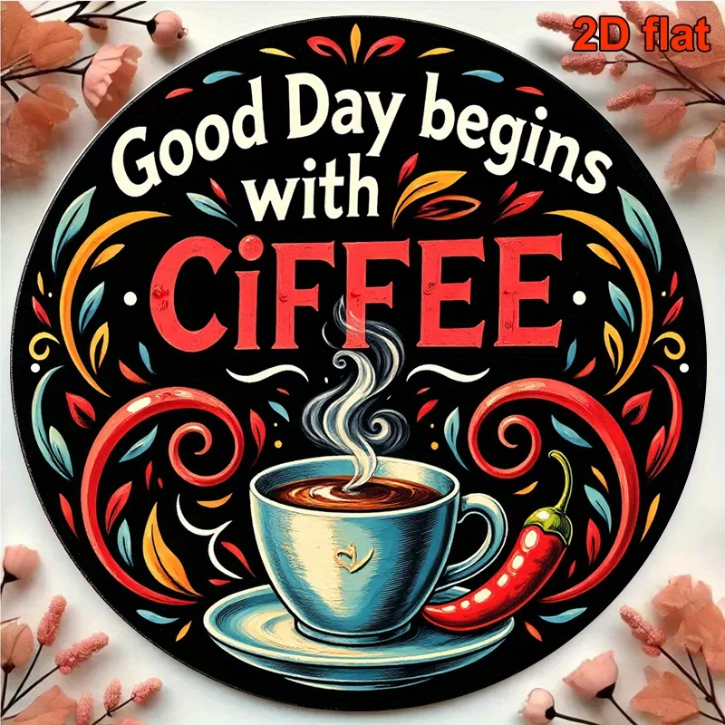 لافتة ألومنيوم مستديرة 2D، قطعة واحدة مقاس 20.32 × 20.32 سم - "يوم جيد يبدأ مع القهوة" ديكور حائط عتيق بخاري مزين بالزهور، مناسب