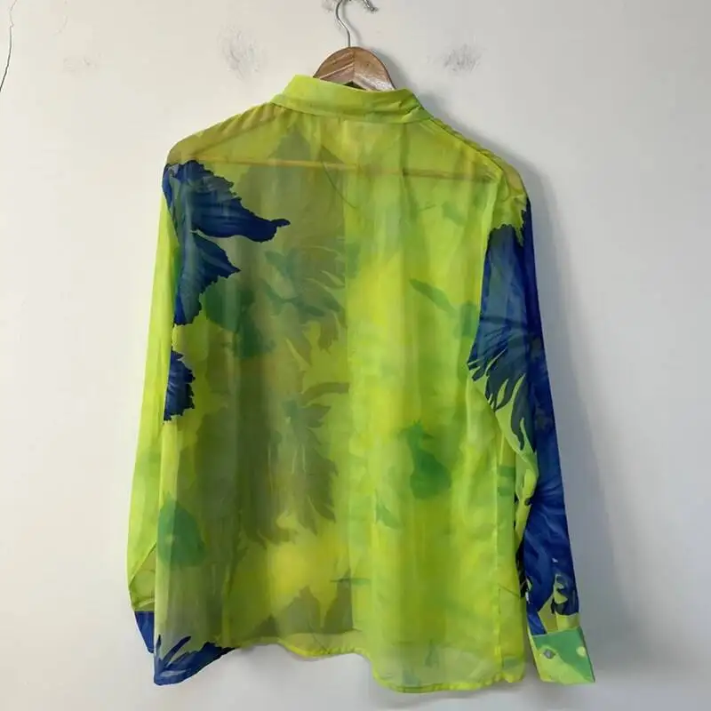Loose Men's Shirt Contrast Color Trendy Semi-Transparent Chiffon Design Long Sleeve Turn-down Collar Men Shirts XSW3