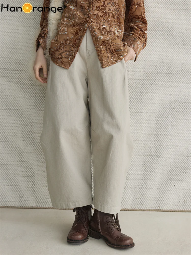 HanOrange 2025 الشتاء الرجعية الصوف الكربون المصقول القطن منحني سكين الكاحل طول السراويل النساء فضفاضة سميكة بنطلون