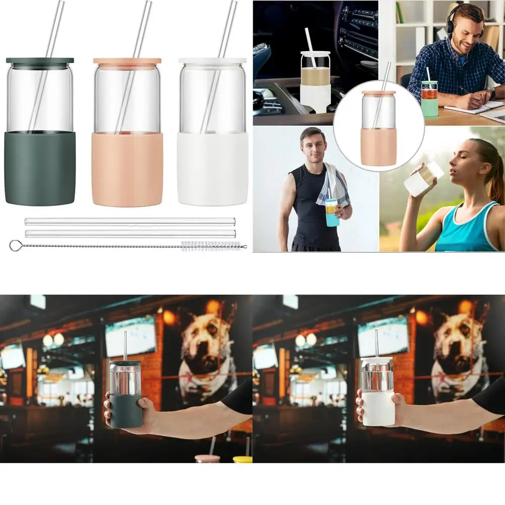 

glass tumbler with straw and lid, 16oz ice coffee cup, silicone sleeve cleaning brushes, drinking glasses for water, iced coffe