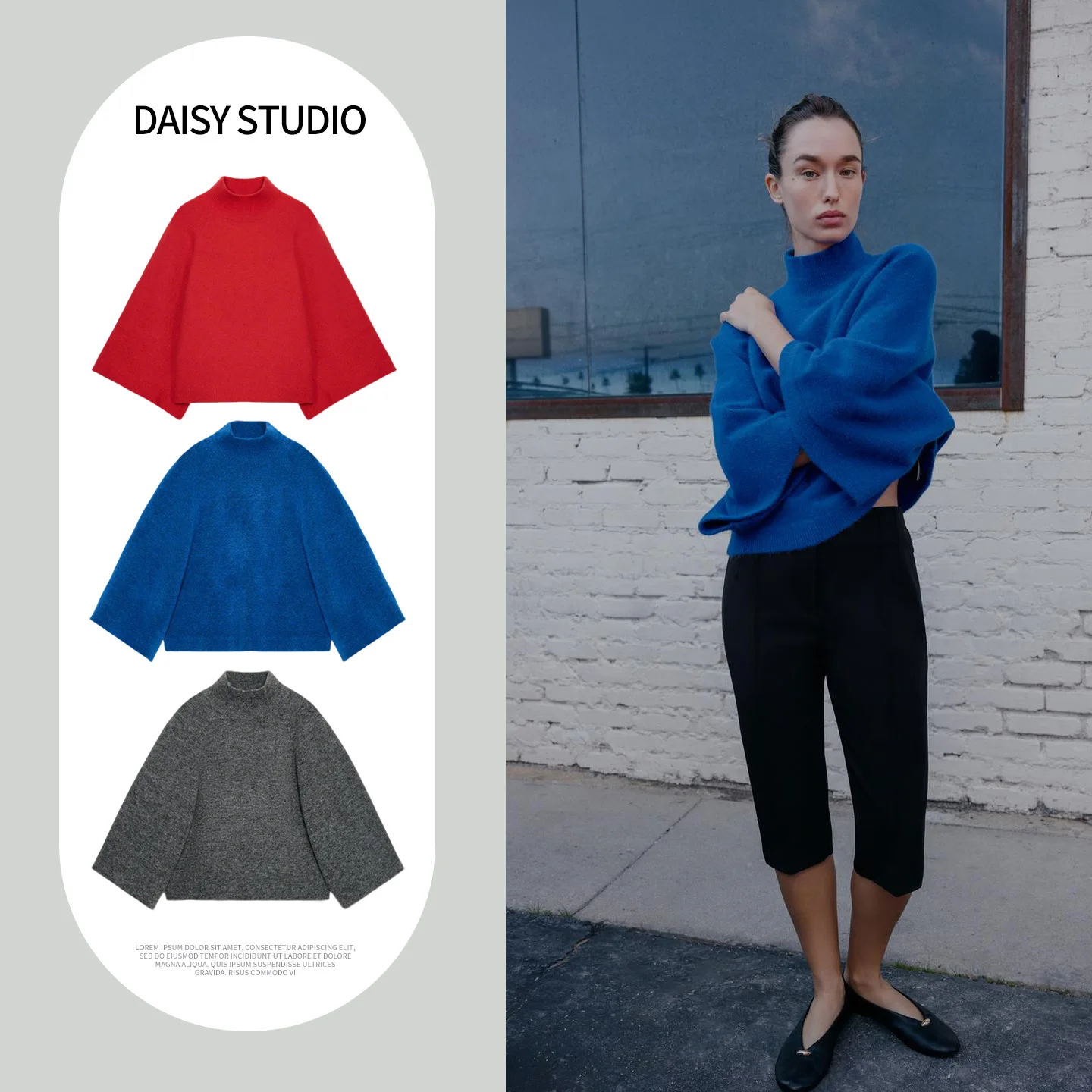 

Весенняя новинка: женский вязаный свитер в минималистичном стиле с широкими рукавами, воротником-стойкой, в рубчик, повседневный, свободного кроя, из полиэстера