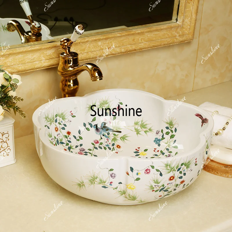 Art wash basin bathroom sink countertop flower utensils bird pattern ceramic wash basin white flower shape bathroom sink
