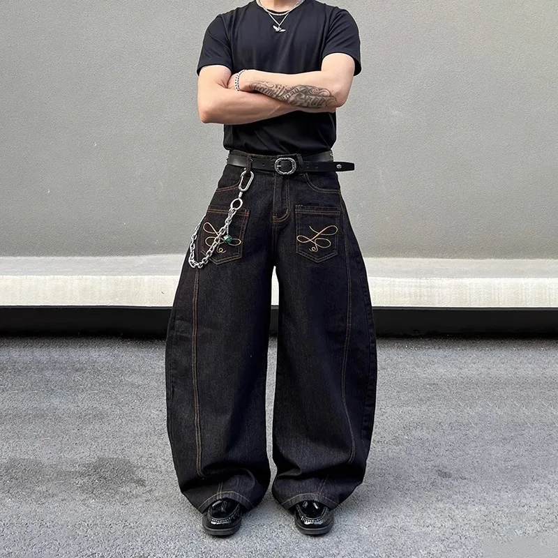 WTHT moda męska haft jednokolorowy patchworkowy wzór spodnie dżinsowe Vintage Casual luźne dżinsy z szeroką nogawką męskie lato 2A0186