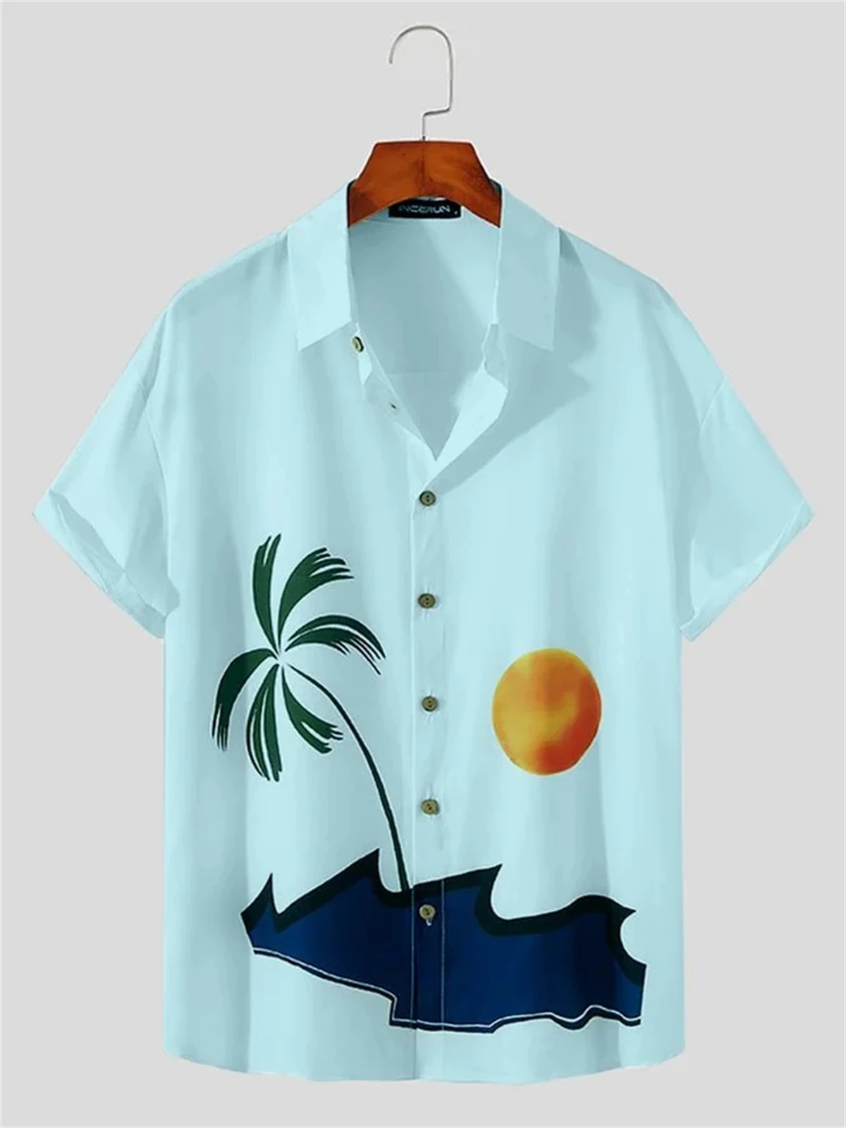 Coconut sunset print men\'s short-sleeved shirt fashionable Hawaiian lapel men\'s tops beach casual men\'s shirt 2024 new style