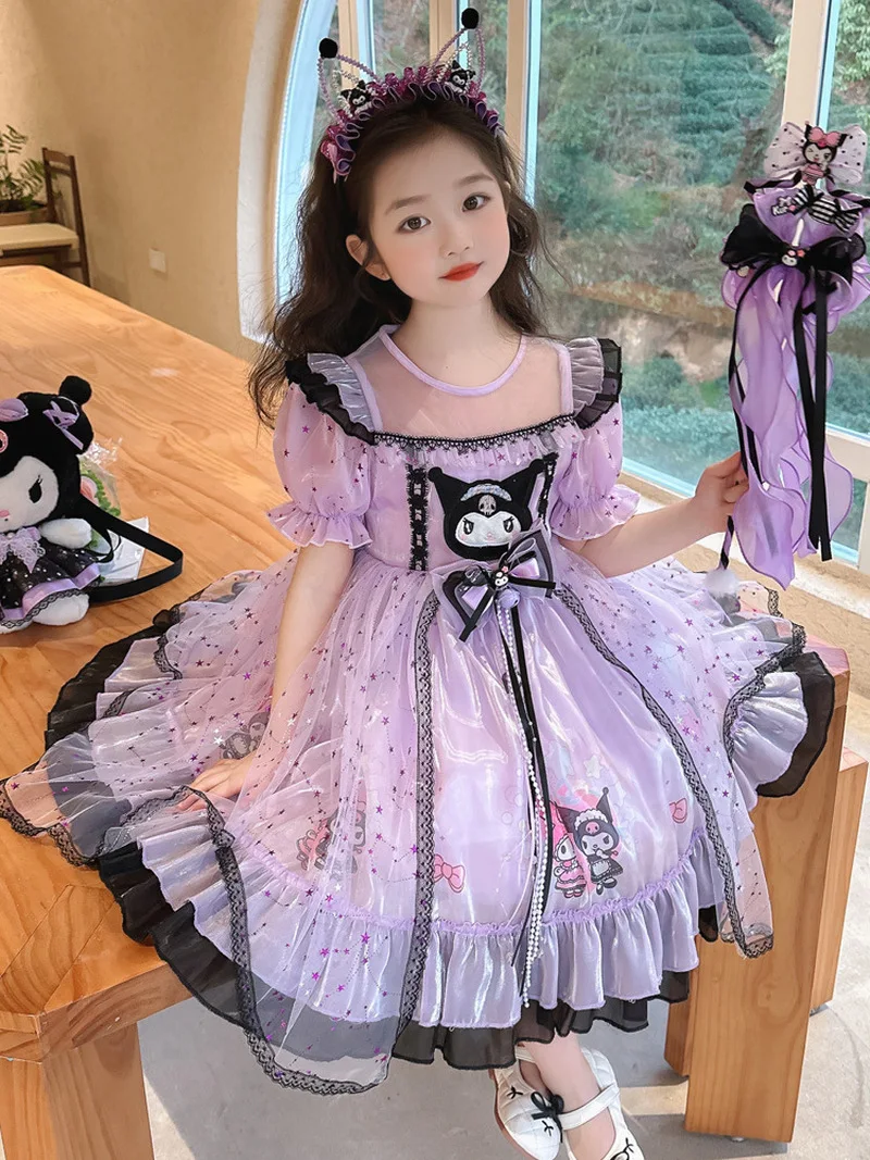 

2025 New Sanrio Kuromi Lolita Layered Princess Dress Summer Sweet Puffy Skirt Suit Children Birthday Party Costume Girls Gifts