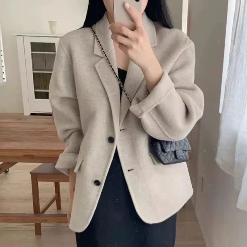 Clothland Women Fashion Solid Woolen Jacket Long Sleeve Single Breasted Blazer Office Wear Casual Coat Mujer CB123