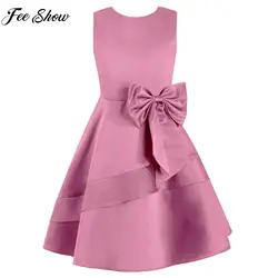 Girls Summer Sleeveless Princess Dress Elegant Satin Wedding Bridesmaid Party Dress Big Bowknot A-line Tutu for Birthday Evening