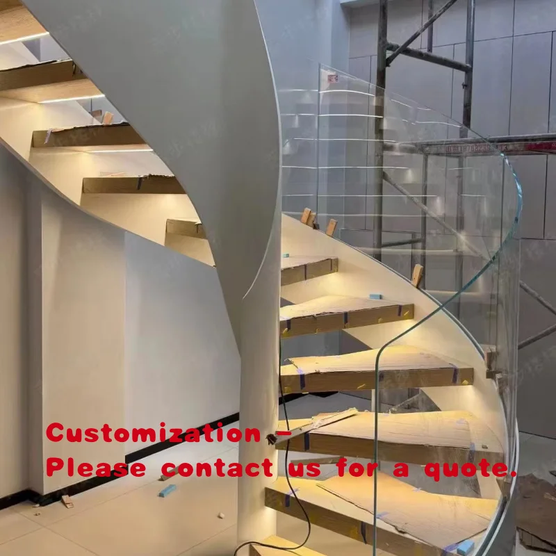 custom.Modern Curved Floating Stair with Wooden Treads and Glass Railing