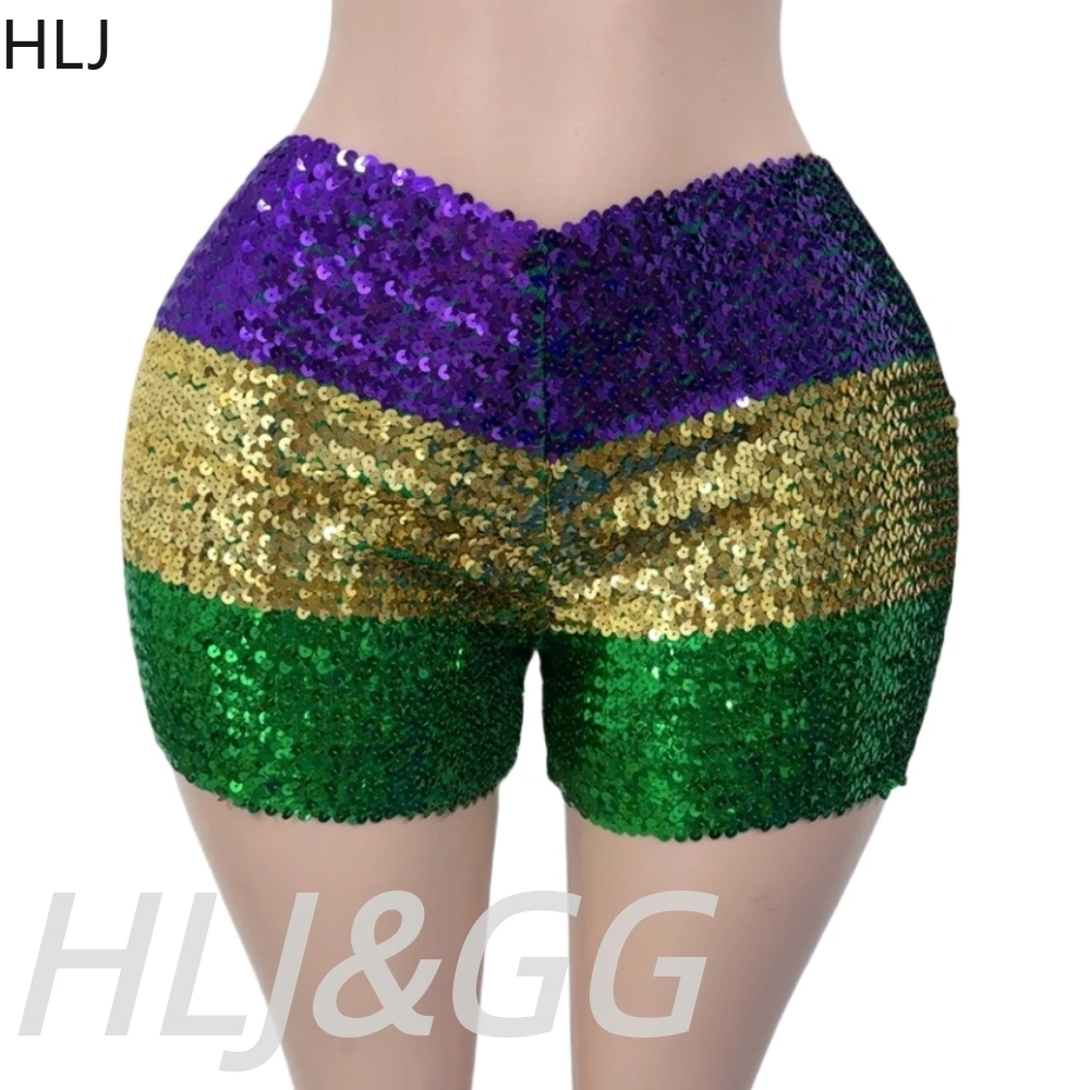 กางเกงขาสั้นลายทางปักเลื่อมเซ็กซี่ HLJ สีม่วงทองระยิบระยับ เอวต่ำ ทรงสกินนี่ แฟชั่นสาวฮอต สตรีทแวร์