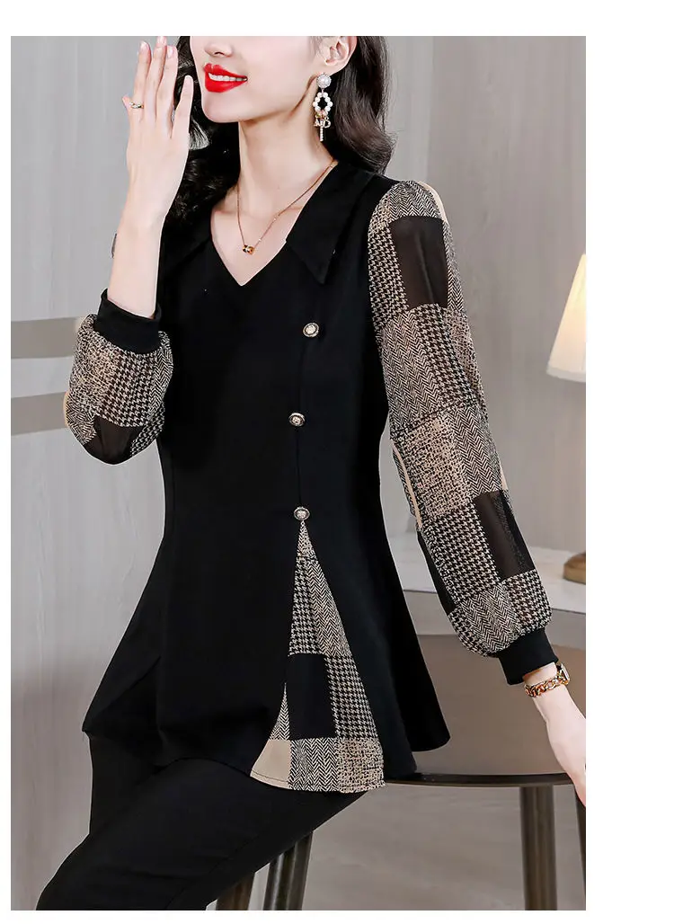 Large Size Women\'s Autumn Top with Long Sleeves and Base New Style Slimming Flesh Blocking and Western-style Chiffon Shirt