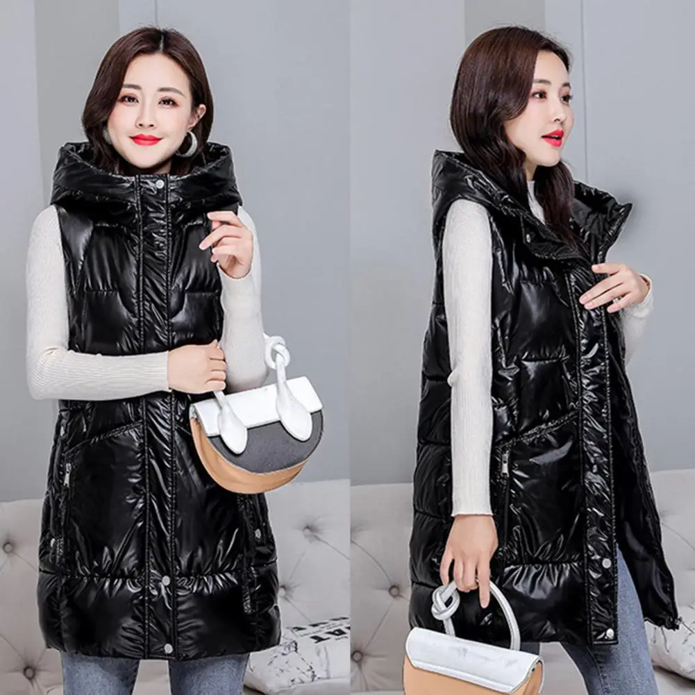 Simple Puffer Vest  Buttons Zipper Placket Thickened Down Waistcoat  Women Warm Sleeveless Long Type Hooded Jacket