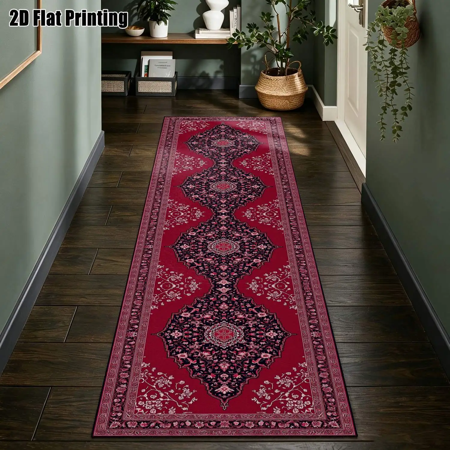 1Pc 2D Printed Long Strip Runner Rug: Red Retro Floral, European, Bohemian, Geometric Striped Styles Machine Washable, Multiple Sizes, Ideal for Entryway, Hallway, Bedroom, Living Room Home Decor.