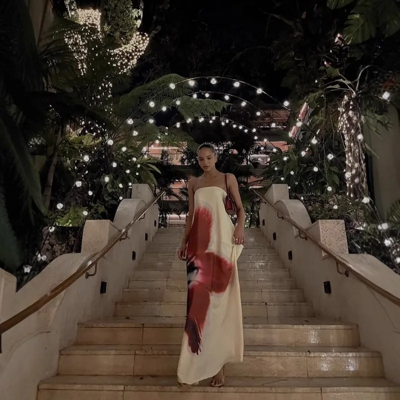 ชุดเดรสยาวสำหรับผู้หญิง ลายดอกไม้ แขนกุด สายเดี่ยว โชว์ไหล่ ดีไซน์เก๋ สีสันตัดกัน เหมาะสำหรับงานปาร์ตี้ช่วงฤดูร้อน