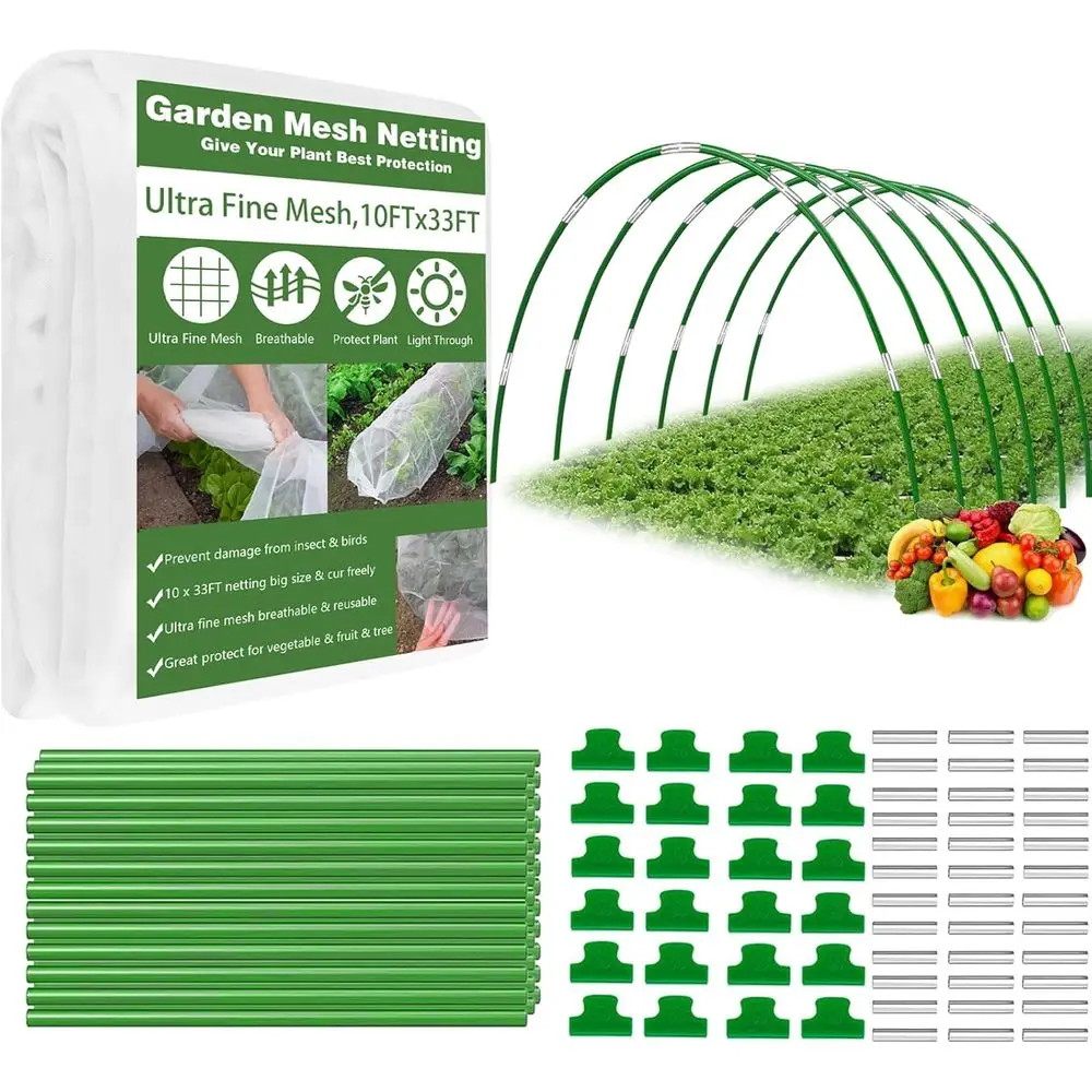 10x33ft Heavy-Duty Garden Netting Kit with 6 Fiberglass Hoops and 24 Clips for Plant Protection
