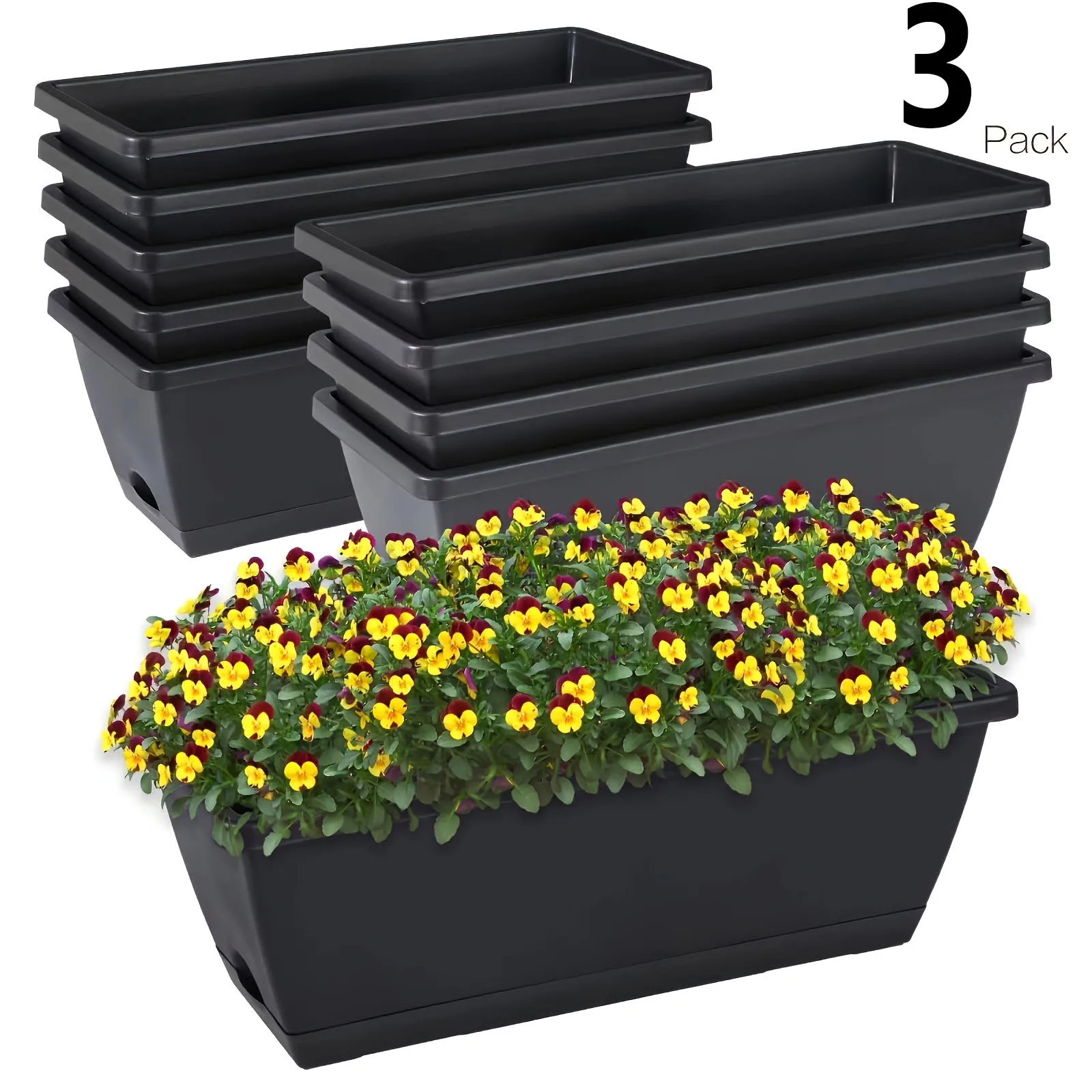 3 Pieces Rectangle Window Box Planter Set Flower Pots with Drainage Holes for Outdoor Garden Home Decor Plant Containers