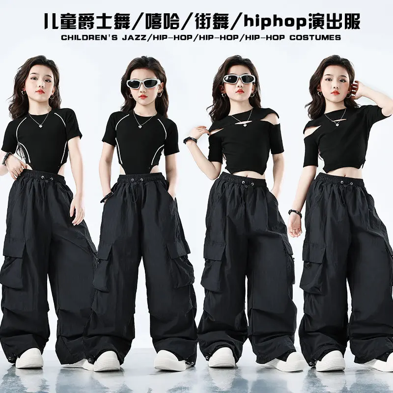 Girls Black Jazz Dance Outfit Cool Performance Costume Trendy Streetwear Children Catwalk Dancewear Teen Group Wear
