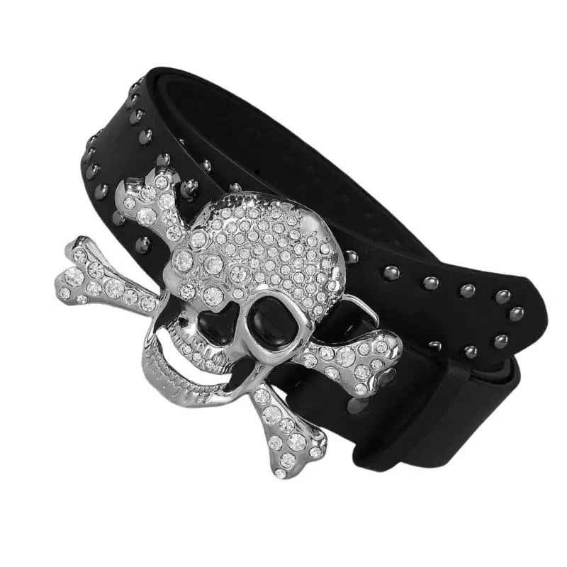 39BD 2000s Skull Rhinestones Belt for Women Men with Rivet Studded Cool Hiphop Belt for Jeans Popular Rockers Waist Accessories