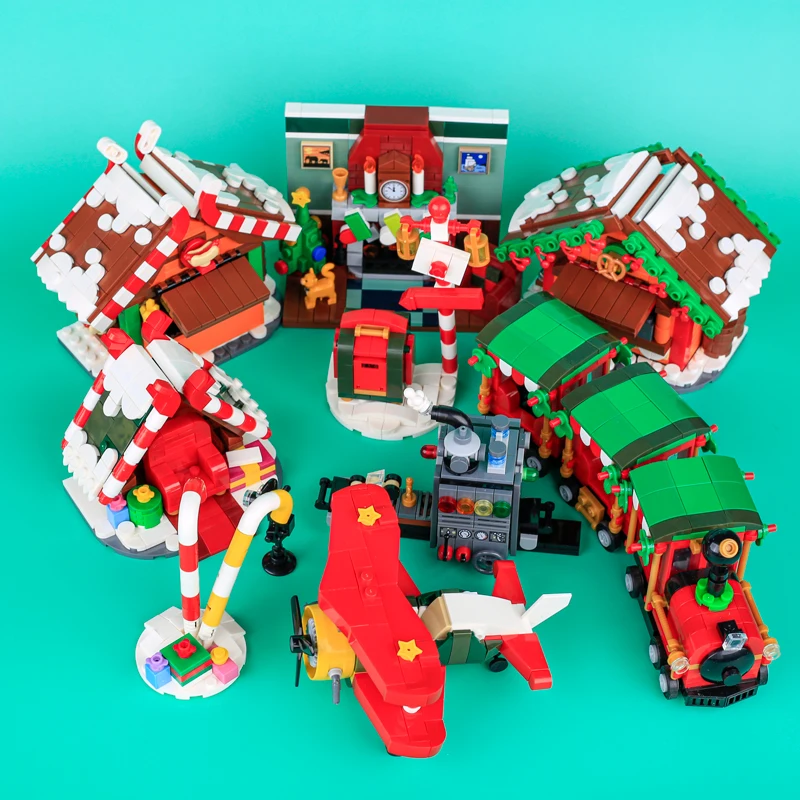 MOC Weihnachten Dorf Haus Bausteine Schlitten Rentier Baum Präsentieren Auto Kranz Kamin Lebkuchen Mann Ziegel Spielzeug Geschenk – Detail 4