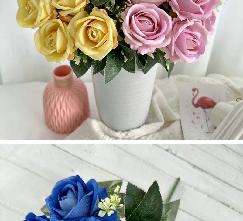 9-köpfiger Seidenrosen-Kunstblumenstrauß, Deko-Blumenarrangement für Zuhause, Tischvase, Foto-Requisite, Valentinstagsgeschenk – Detail 10