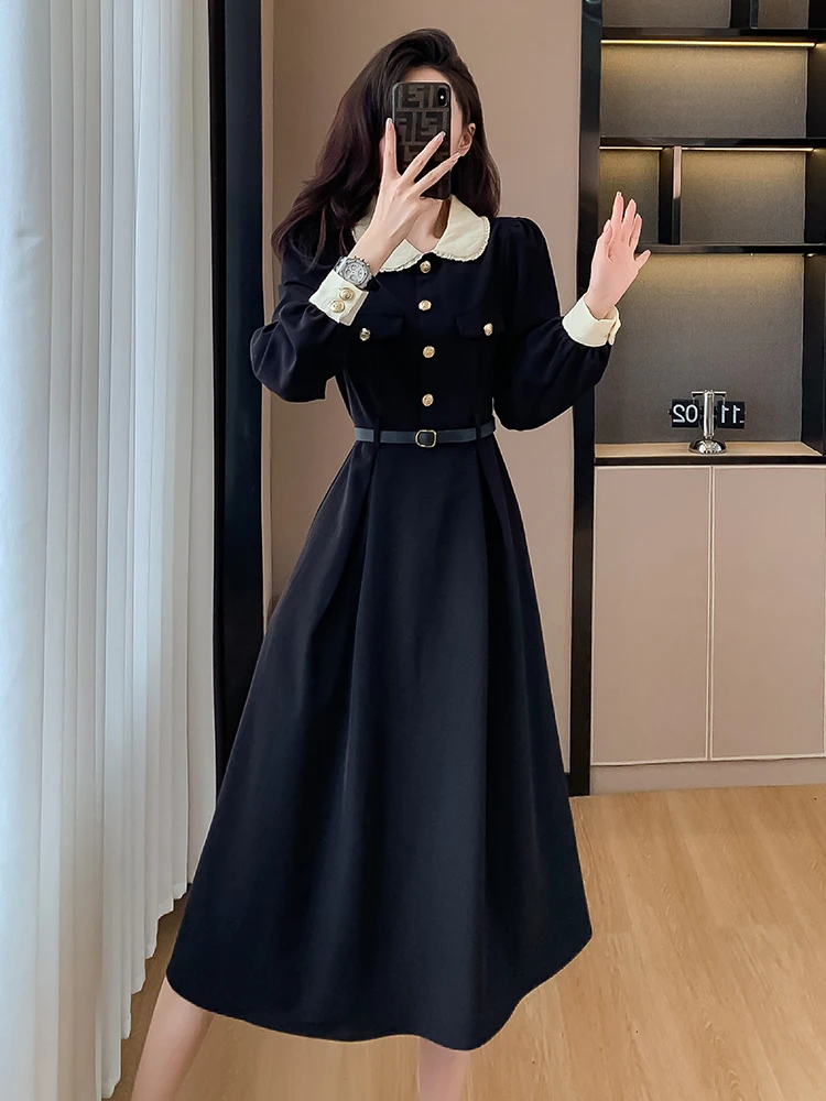 Elegant Black Dresses With Belt Women Retro Doll Collar Long Sleeve A Line Midi Dress Hepburn Patchwork Office Lady Vestido 2024