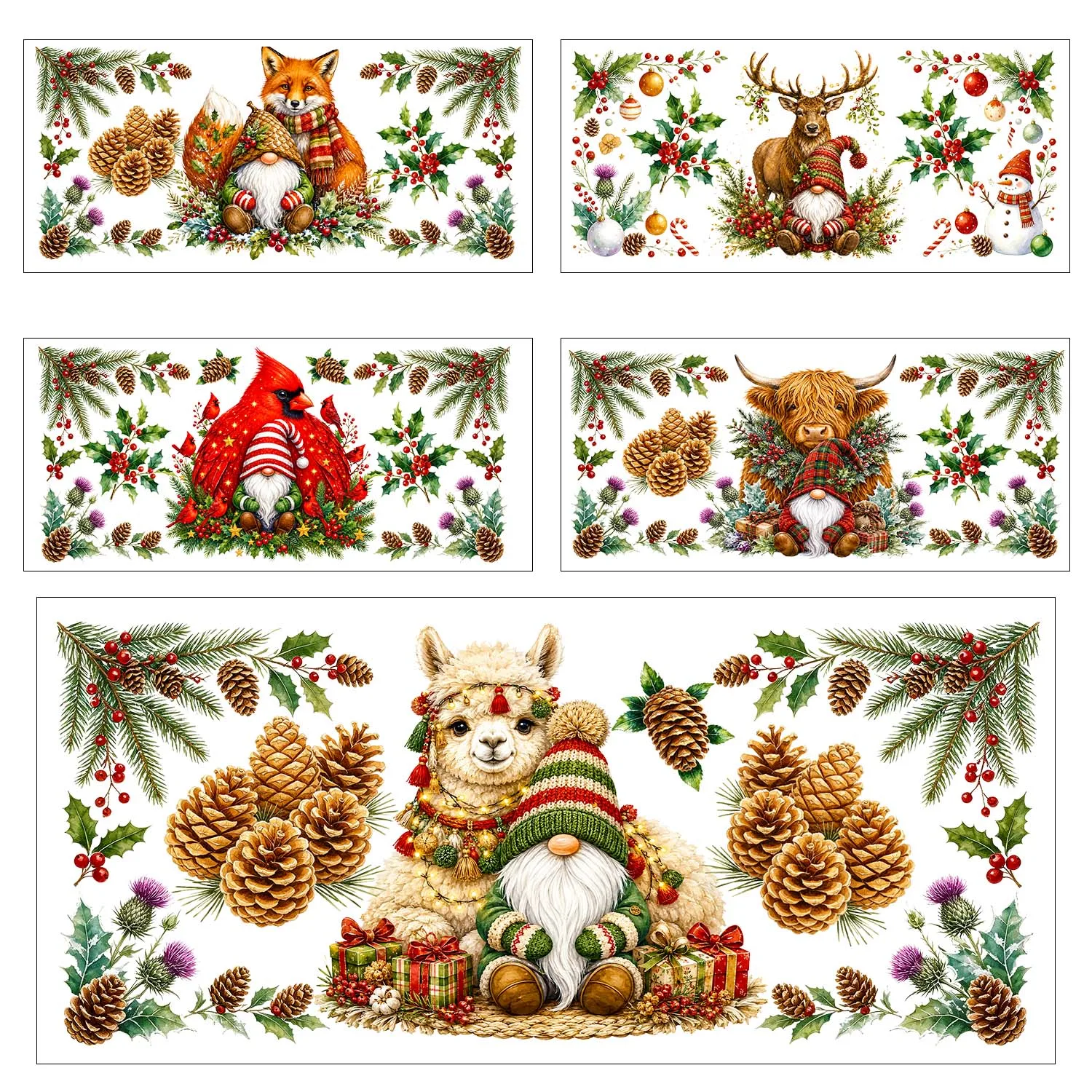 5 Sheets Christmas Cute Animals Theme UV DTF Sticker Party DIY Decals 3D transfers uvdtf Tumbler Stickers 16oz uv dtf cup wraps