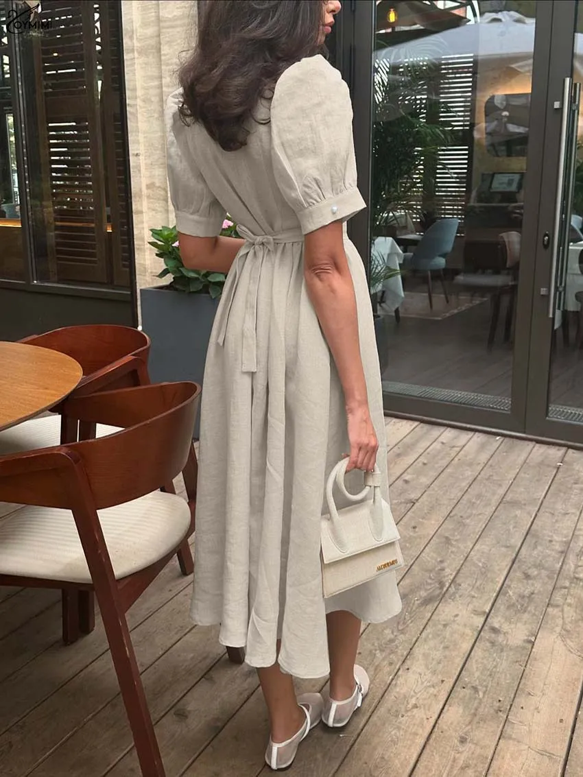 Oymimi Elegant Khaki Cotton Dresses 2025 Woman Autumn O-Neck Short Sleeve Single Breasted Dresses Fashion Lace-Up Mid-Calf Dress