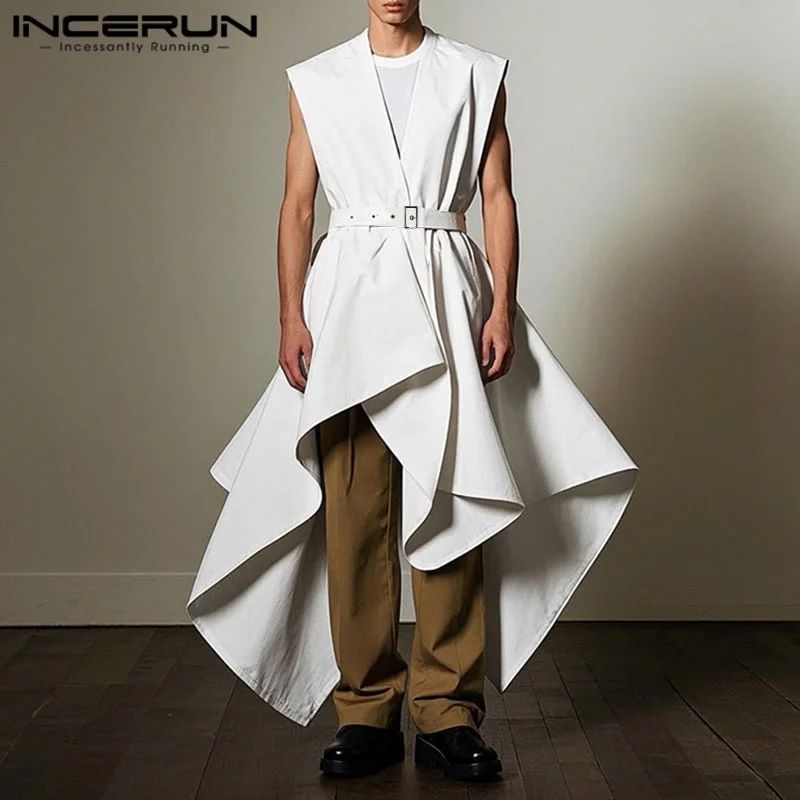 

Men Irregular Vests Solid Color Ruffle V Neck Sleeveless Casual Long Style Waistcoats Men Streetwear Vests With Belt INCERUN
