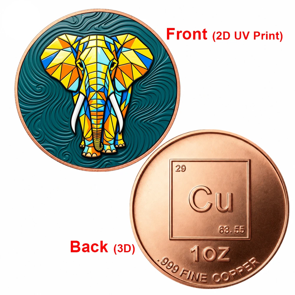 1pc 1oz .999 Fine Copper Colorful Mosaic Elephant Challenge Coin Geometric Art Commemorative Coin Gift for Abstract Art Lovers