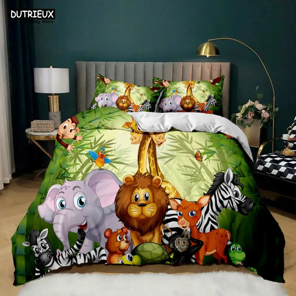 Elephant Comforter Cover Cute Cartoon Animal Paradise Bedding Set Boys Girls Kids 3D Animal World Queen Polyester Duvet Cover