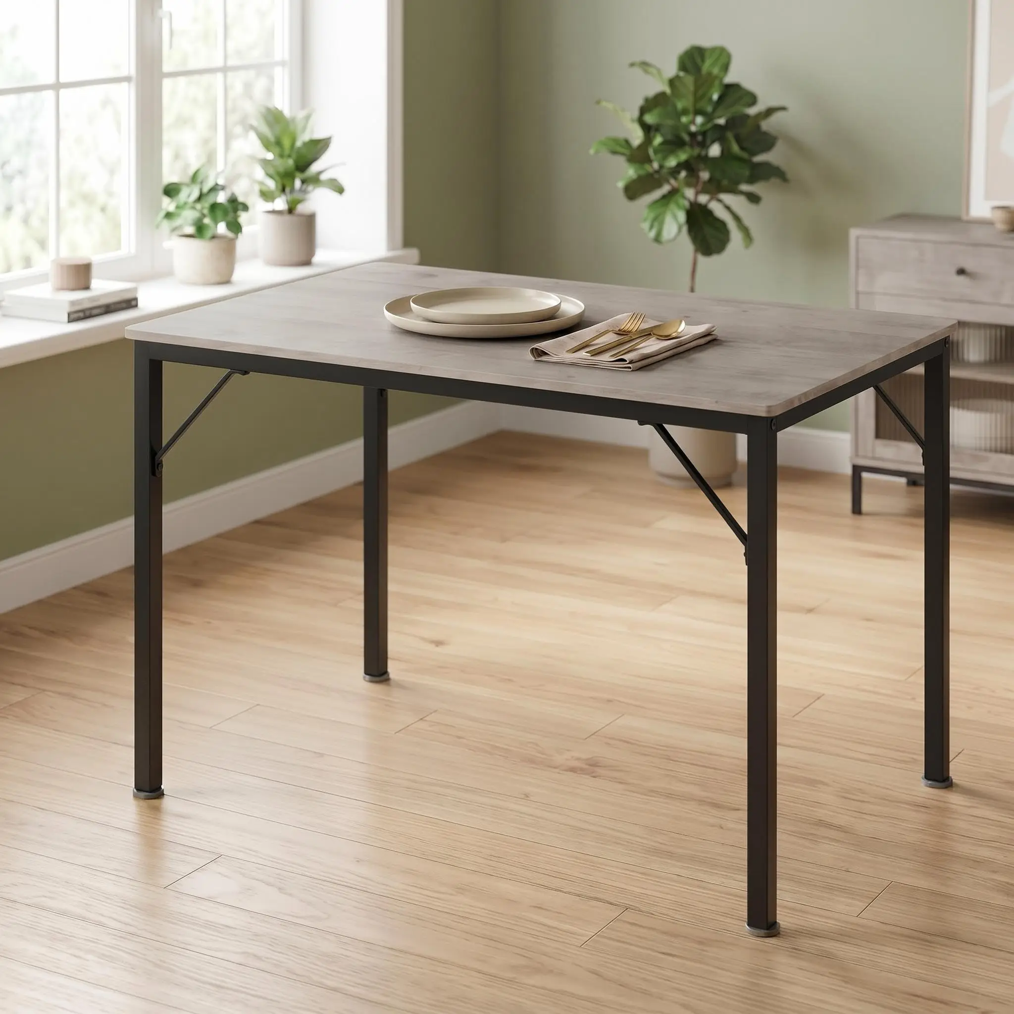 Tavolo da pranzo rettangolare moderno per 4 o 6 persone, dimensioni 110x70x77 cm, con struttura in metallo robusta e piano in legno, facile da montare, salvaspazio, ideale per la cucina o la sala da