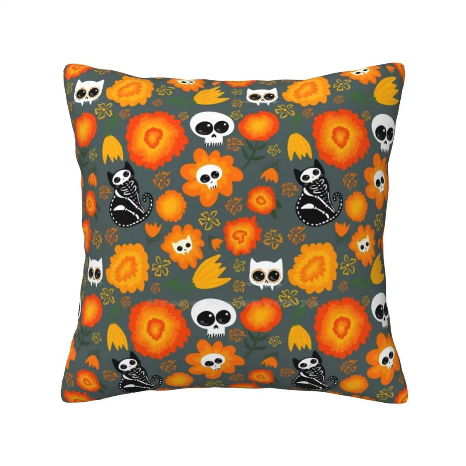 

Halloween Cats And Skulls And Flowers Throw Cushion Pillow Cover Cats Halloween Cat Folk Art Skulls Flowers Floral Nasturtium