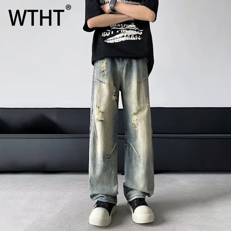 

WTHT Vintage Men's Gradient Hole Patchwork Do Old Design Denim Pants Fashion High-waisted Straight Jeans Male 2025 Summer 2A0771