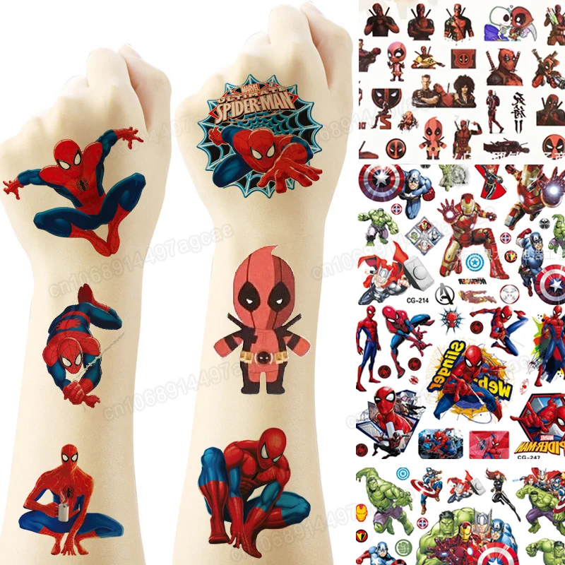 Marvel Spiderman Tattoo Sticker Action Figure Anime Deadpool Avengers Waterproof Toys for Children Birthday Gift